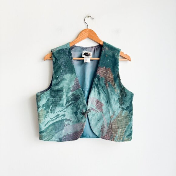 Vintage Western Collection Turquoise Teal Carpet Fabric Cropped Vest L - Picture 2 of 8